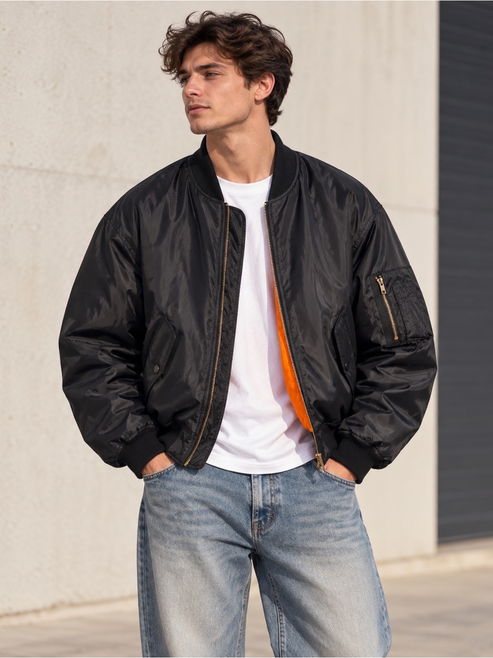 Steve & Barry’s Black MA-1 Bomber Jacket Men’s Large Orange Lining Y2K